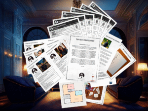 Bild av dokument från ett Print The Case mordmysterium, inklusive vittnesmål och kartor.