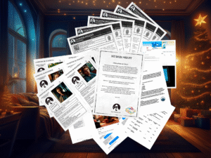 Bild av utskrivna dokument från 'Print The Case' mordmysterier, inklusive vittnesmål och misstänkta, spridda runt en julgran.